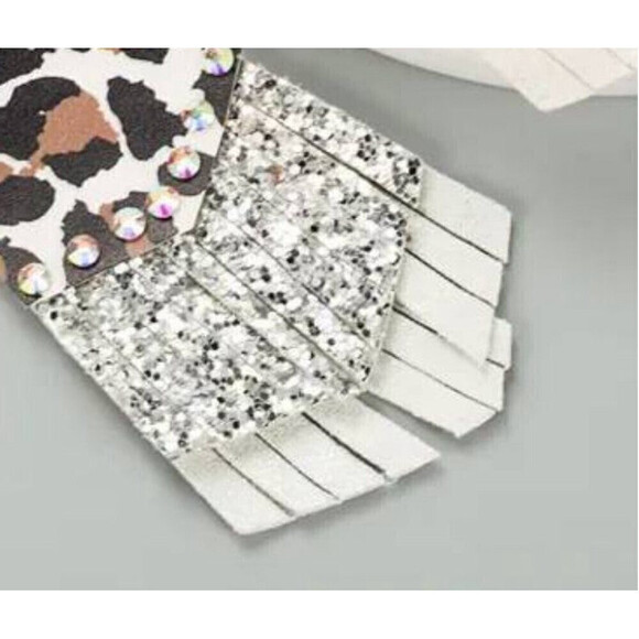 Leopard Print Multi-layer Leather Sequined EarringsIn Silver - Picture 3 of 5